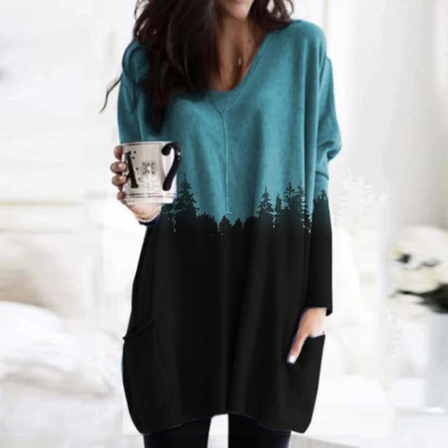 Women Elegant Mountain Print Shirt Blouse 2020 Autumn Casual Long Sleeve Pullover Tops Ladies Sexy V-Neck Loose Blusa Streetwear