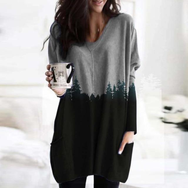 Women Elegant Mountain Print Shirt Blouse 2020 Autumn Casual Long Sleeve Pullover Tops Ladies Sexy V-Neck Loose Blusa Streetwear