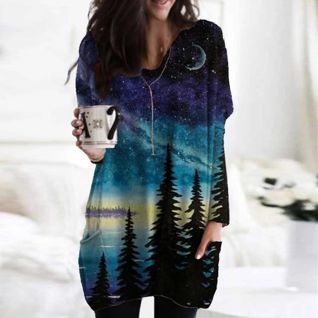 Women Elegant Mountain Print Shirt Blouse 2020 Autumn Casual Long Sleeve Pullover Tops Ladies Sexy V-Neck Loose Blusa Streetwear