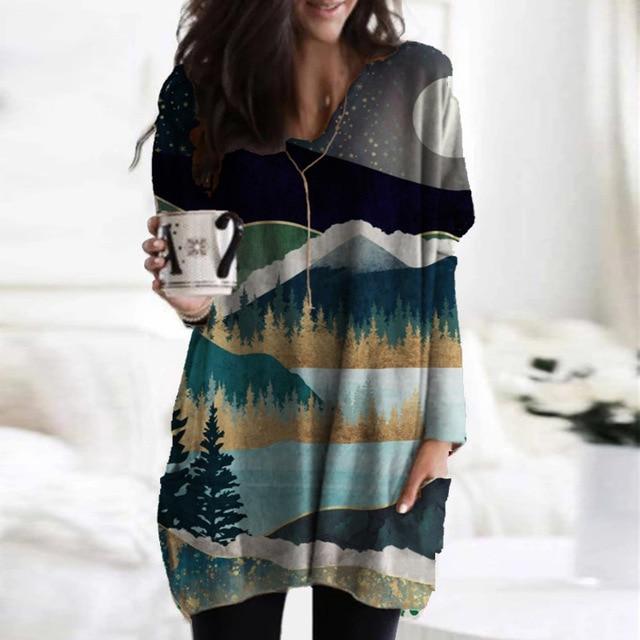 Women Elegant Mountain Print Shirt Blouse 2020 Autumn Casual Long Sleeve Pullover Tops Ladies Sexy V-Neck Loose Blusa Streetwear