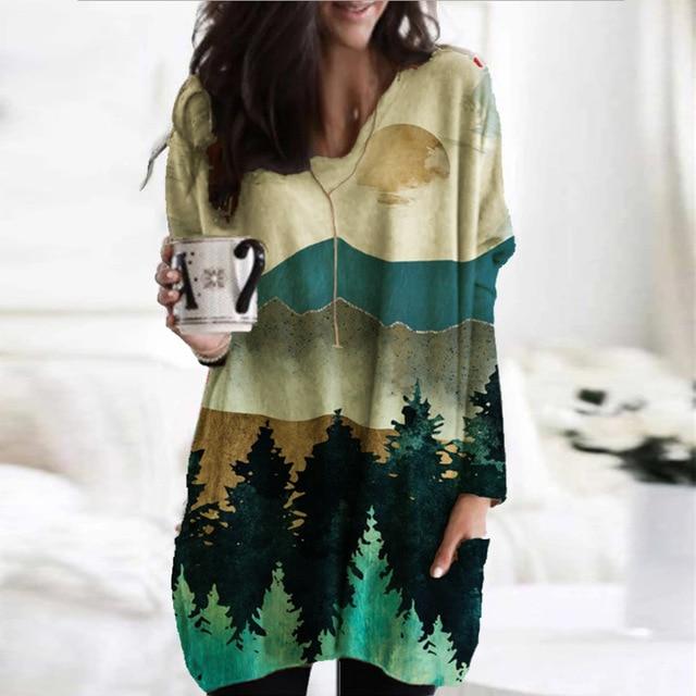 Women Elegant Mountain Print Shirt Blouse 2020 Autumn Casual Long Sleeve Pullover Tops Ladies Sexy V-Neck Loose Blusa Streetwear