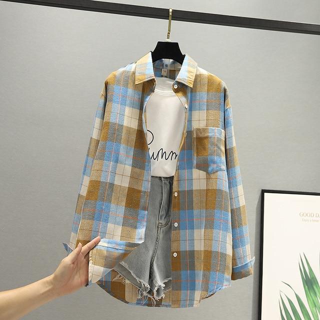 Hot sale blouses autumn long-sleeved cotton shirts ladies single-breasted plaid shirts and plus size tops