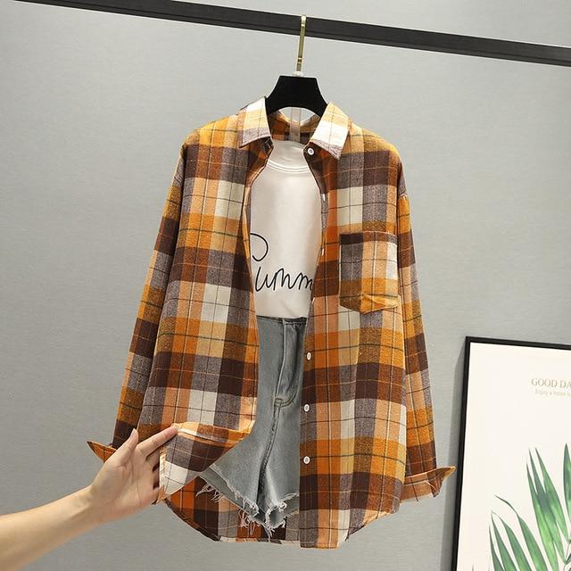 Hot sale blouses autumn long-sleeved cotton shirts ladies single-breasted plaid shirts and plus size tops