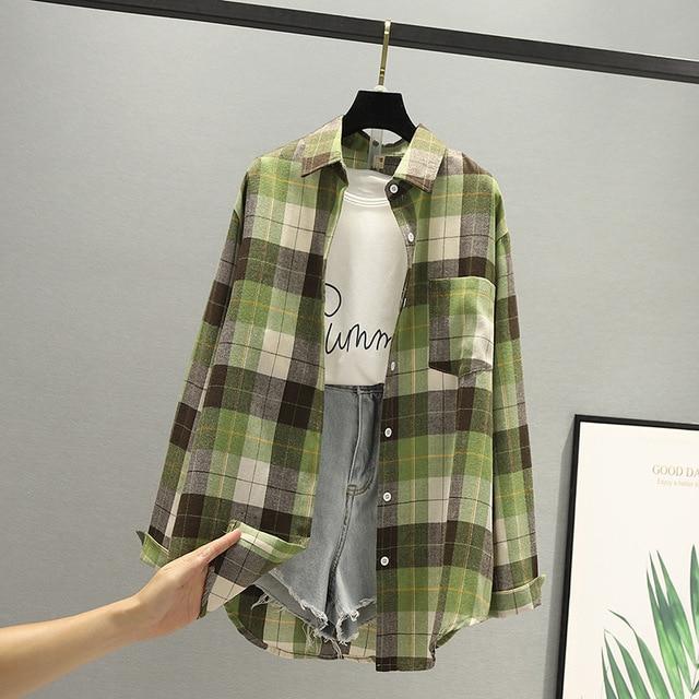 Hot sale blouses autumn long-sleeved cotton shirts ladies single-breasted plaid shirts and plus size tops