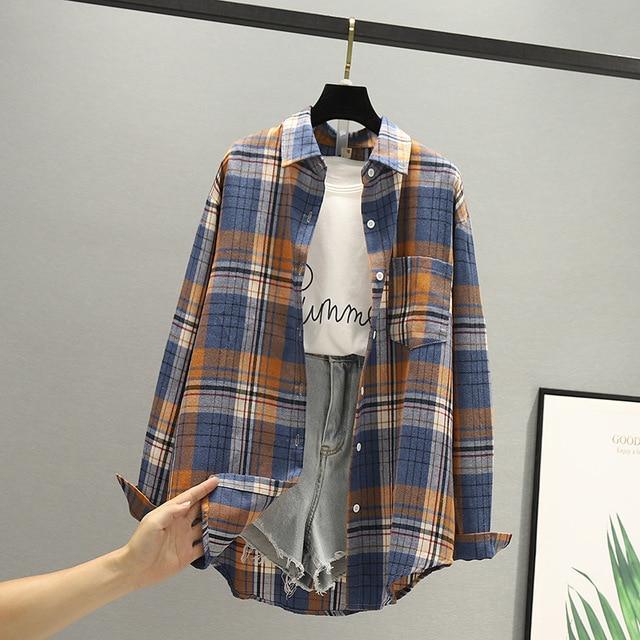 Hot sale blouses autumn long-sleeved cotton shirts ladies single-breasted plaid shirts and plus size tops