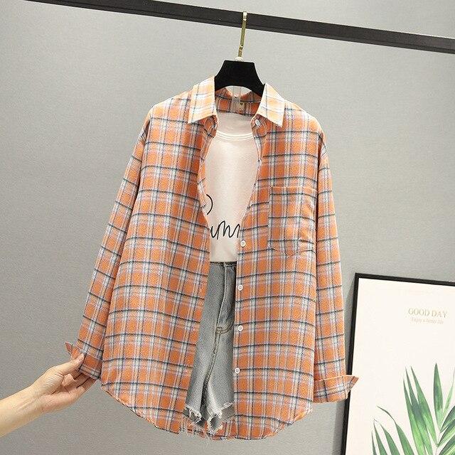 Hot sale blouses autumn long-sleeved cotton shirts ladies single-breasted plaid shirts and plus size tops