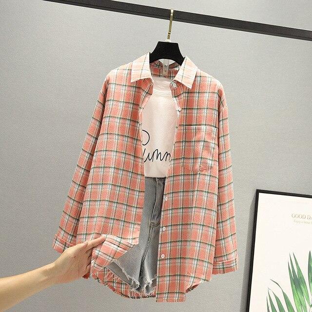 Hot sale blouses autumn long-sleeved cotton shirts ladies single-breasted plaid shirts and plus size tops