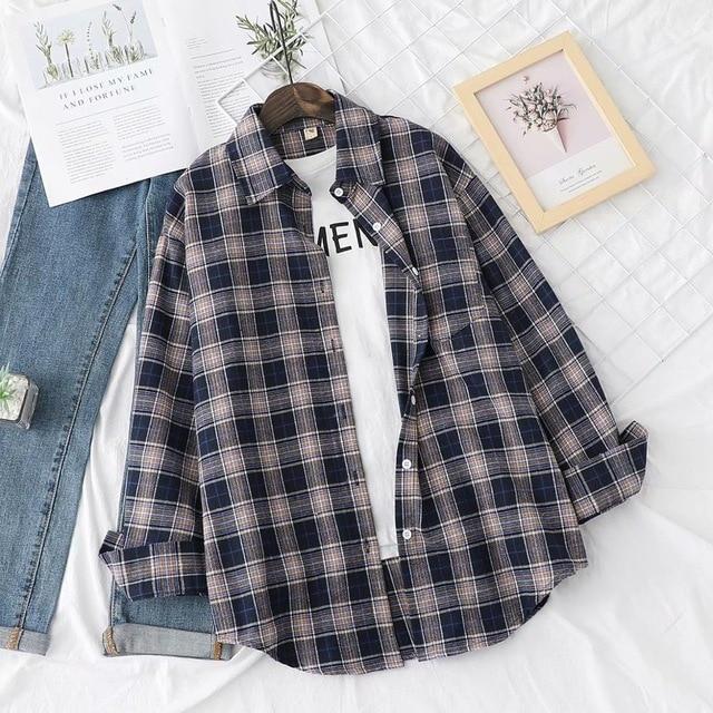 Hot sale blouses autumn long-sleeved cotton shirts ladies single-breasted plaid shirts and plus size tops