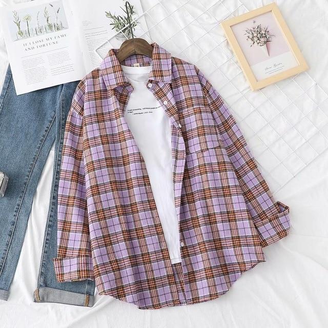 Hot sale blouses autumn long-sleeved cotton shirts ladies single-breasted plaid shirts and plus size tops