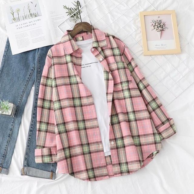 Hot sale blouses autumn long-sleeved cotton shirts ladies single-breasted plaid shirts and plus size tops