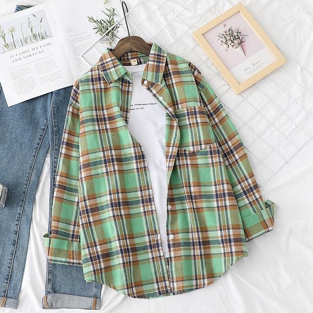 Hot sale blouses autumn long-sleeved cotton shirts ladies single-breasted plaid shirts and plus size tops