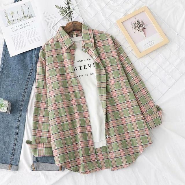 Hot sale blouses autumn long-sleeved cotton shirts ladies single-breasted plaid shirts and plus size tops