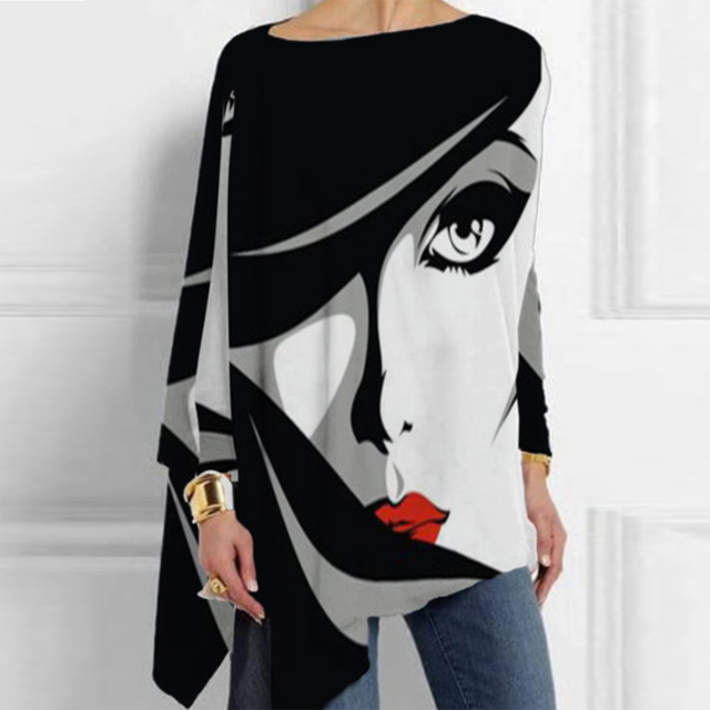 Vintage Abstract Face Printed Irregular Shirt Women O Neck Long Sleeve Autumn Blouse Casual Loose Oversize Pullover Harajuku Top