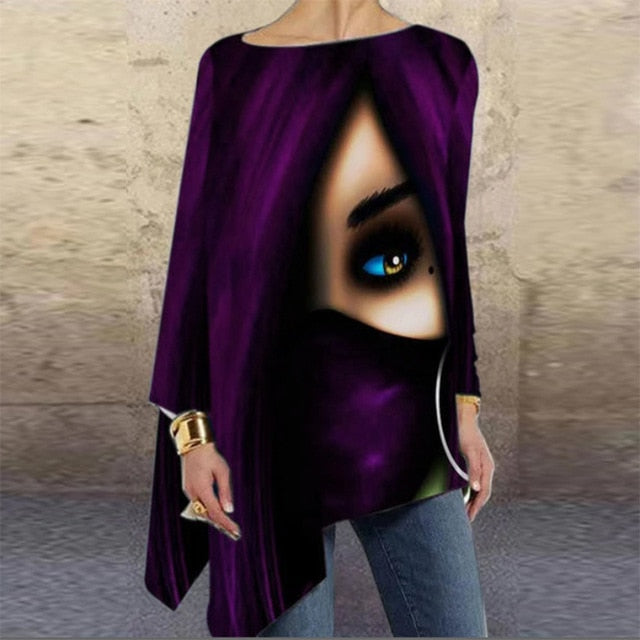 Vintage Abstract Face Printed Irregular Shirt Women O Neck Long Sleeve Autumn Blouse Casual Loose Oversize Pullover Harajuku Top