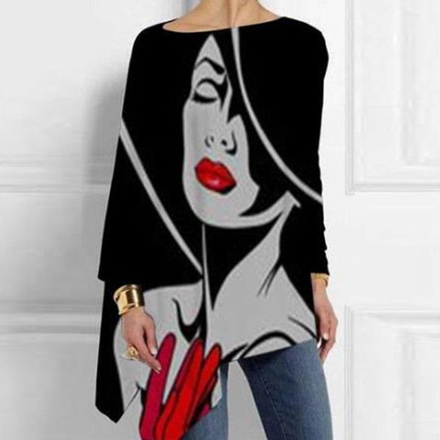 Vintage Abstract Face Printed Irregular Shirt Women O Neck Long Sleeve Autumn Blouse Casual Loose Oversize Pullover Harajuku Top