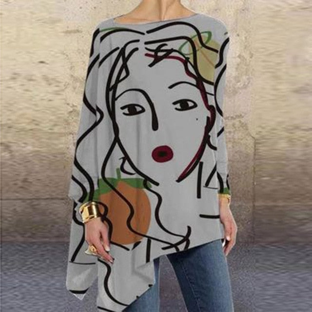 Vintage Abstract Face Printed Irregular Shirt Women O Neck Long Sleeve Autumn Blouse Casual Loose Oversize Pullover Harajuku Top