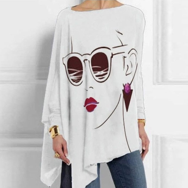Vintage Abstract Face Printed Irregular Shirt Women O Neck Long Sleeve Autumn Blouse Casual Loose Oversize Pullover Harajuku Top