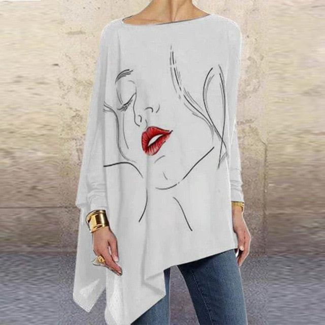 Vintage Abstract Face Printed Irregular Shirt Women O Neck Long Sleeve Autumn Blouse Casual Loose Oversize Pullover Harajuku Top