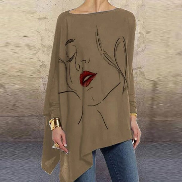 Vintage Abstract Face Printed Irregular Shirt Women O Neck Long Sleeve Autumn Blouse Casual Loose Oversize Pullover Harajuku Top