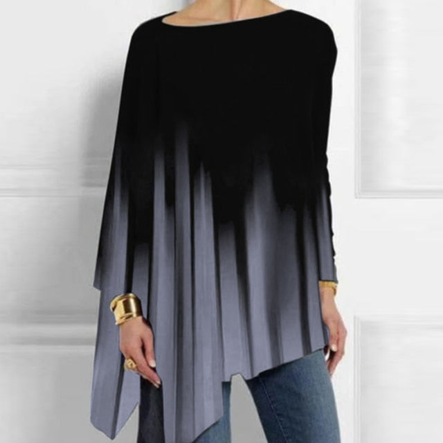 Vintage Abstract Face Printed Irregular Shirt Women O Neck Long Sleeve Autumn Blouse Casual Loose Oversize Pullover Harajuku Top