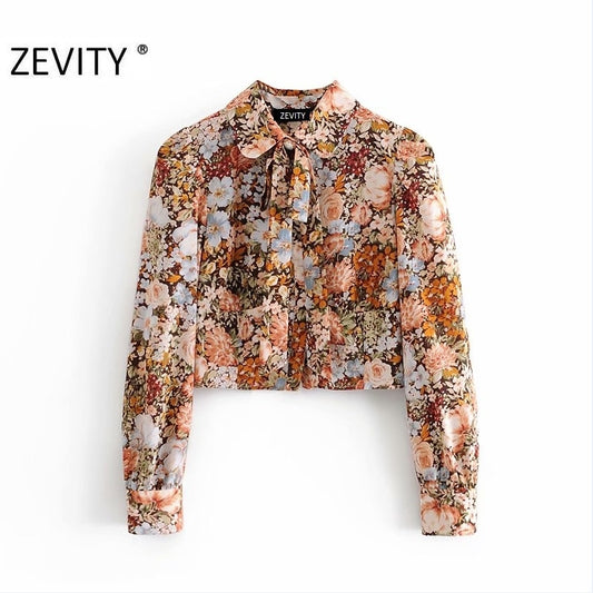 ZEVITY women vintage floral print casual blouse shirts women puff sleeve bow decoration chic office femininas blusas tops LS7249