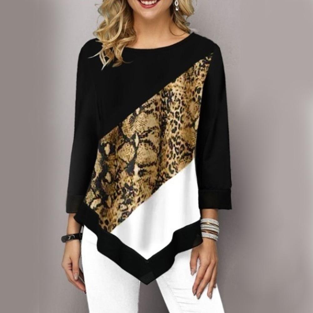 2020 New Women Blouse Stylish O Neck 3/4 Sleeve Irregular Hem Leopard Patchwork  Blouse Loose Fit Women's Clothing