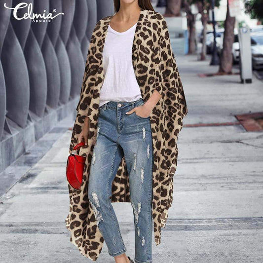 Plus Size Celmia Autumn Women Vintage Kimono Cardigan Long Shirts Sexy Leopard Print Blouses Long Sleeve Casual Beach Cover Up