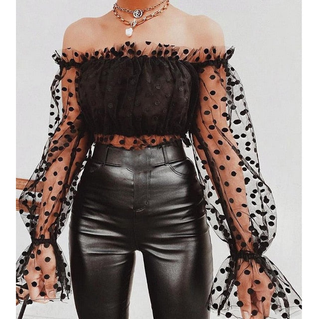 Shirts Women Blouse 2019 Female Fashion Long Puff Sleeve Solid Top Femme Casual Transparent Blusas Top Plus Size Womens Tunic