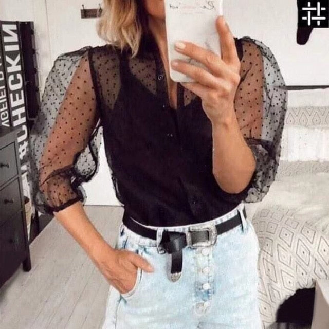 Shirts Women Blouse 2019 Female Fashion Long Puff Sleeve Solid Top Femme Casual Transparent Blusas Top Plus Size Womens Tunic