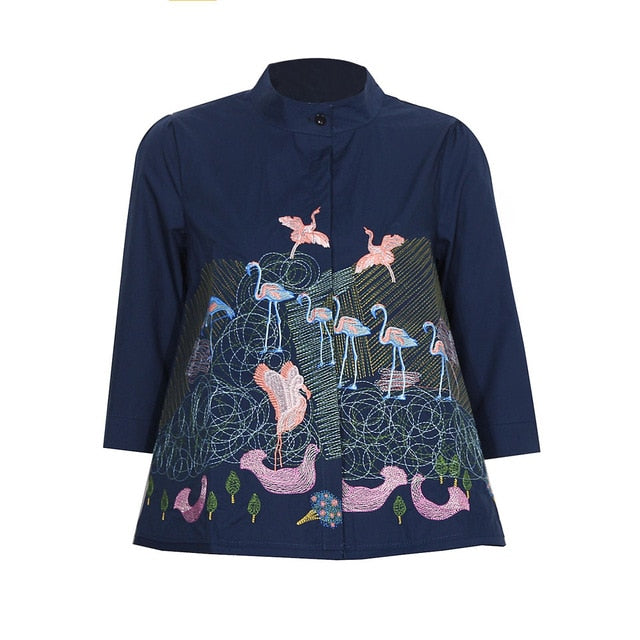 Abstract Embroidery Shirt Tops Women Summer Autumn Fashion 3/4 Sleeve Casual Blouses Ladies White Doll Shirts