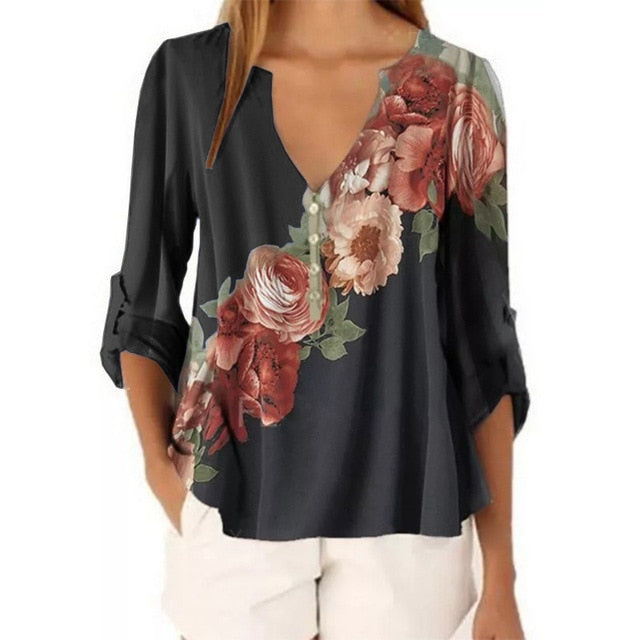 Women V-neck Floral Printed Shirt Top Chiffon Casual Half Button Irregular Chiffon Woman Blouse Women's Plus Size Street Clothes