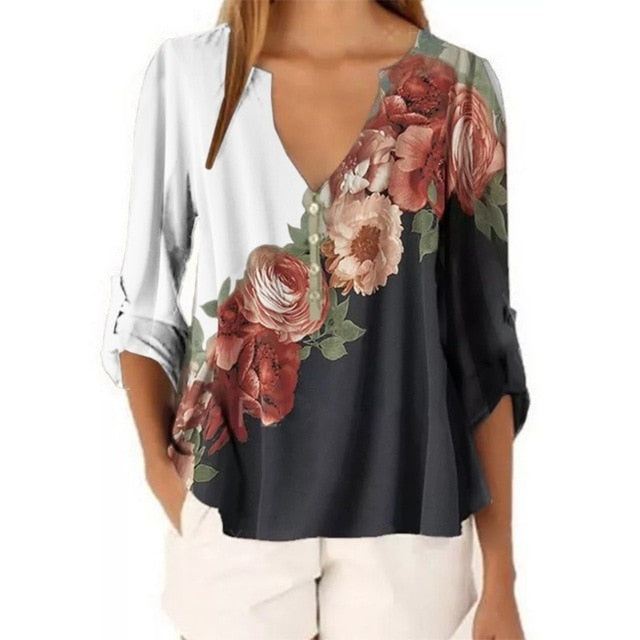 Women V-neck Floral Printed Shirt Top Chiffon Casual Half Button Irregular Chiffon Woman Blouse Women's Plus Size Street Clothes