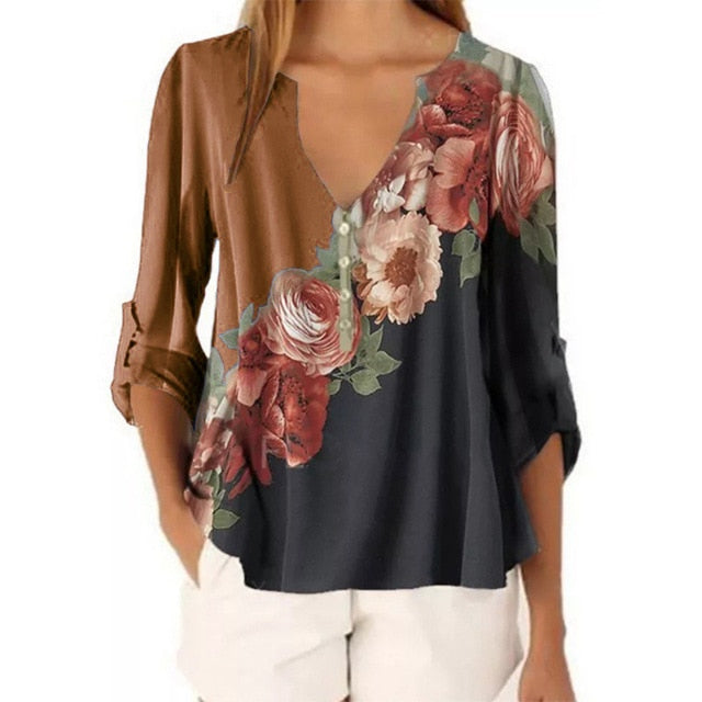 Women V-neck Floral Printed Shirt Top Chiffon Casual Half Button Irregular Chiffon Woman Blouse Women's Plus Size Street Clothes