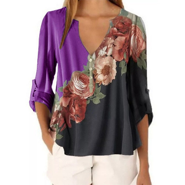 Women V-neck Floral Printed Shirt Top Chiffon Casual Half Button Irregular Chiffon Woman Blouse Women's Plus Size Street Clothes
