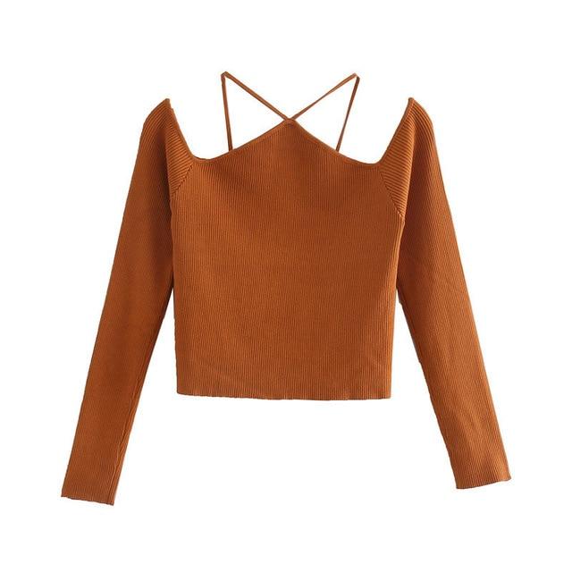 Za 2020 Sexy Off Shoulders Knit Top Women Cut Out Exposed Shoulders Straps Long Sleeve Knitted Shirt Fashion Backless Woman Tops
