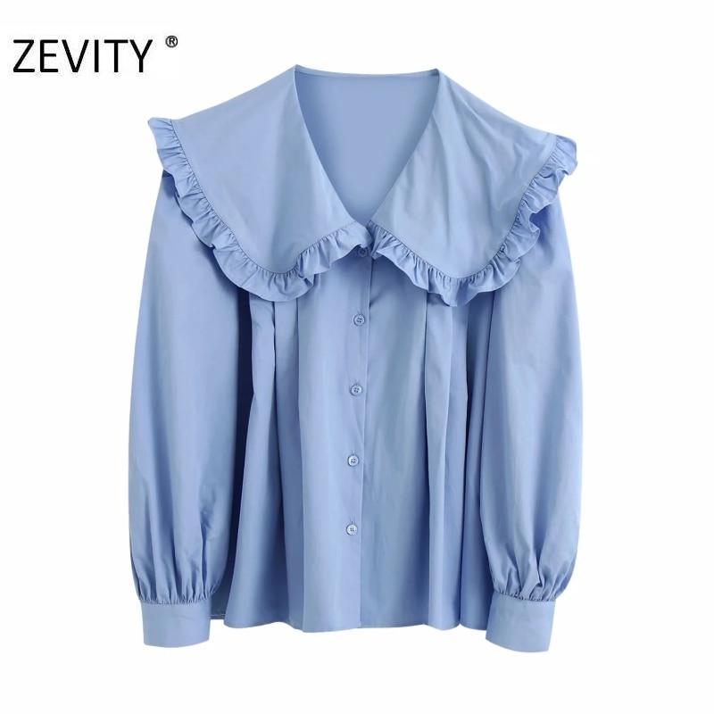 ZEVITY New women sweet pleat ruffles turn down collar smock blouse shirts women office breasted roupas chic chemise tops LS7181