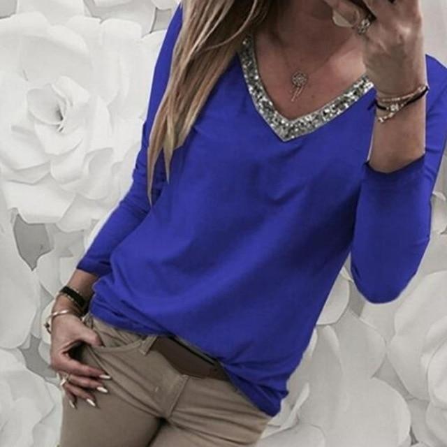 Autumn Sexy Women Casual V-Neck Sequins Loose Color Block Long Sleeve Blouse Top Cotton  Spandex Pullover Women's  Blouse S-5XL
