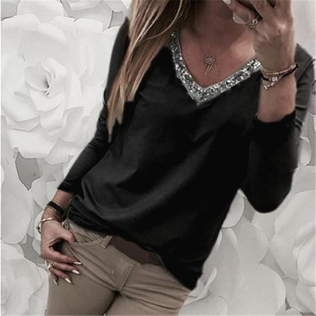 Autumn Sexy Women Casual V-Neck Sequins Loose Color Block Long Sleeve Blouse Top Cotton  Spandex Pullover Women's  Blouse S-5XL
