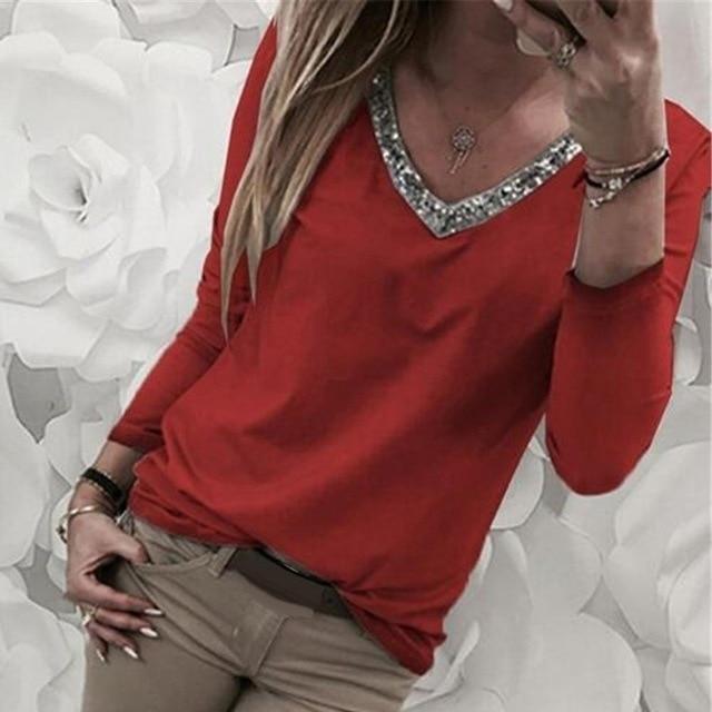 Autumn Sexy Women Casual V-Neck Sequins Loose Color Block Long Sleeve Blouse Top Cotton  Spandex Pullover Women's  Blouse S-5XL