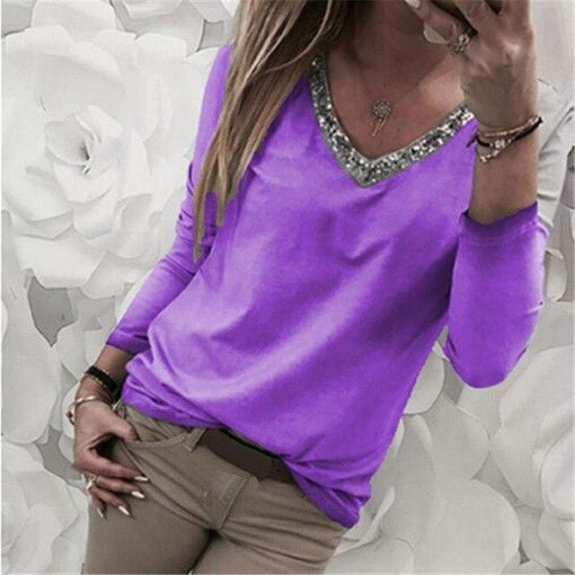 Autumn Sexy Women Casual V-Neck Sequins Loose Color Block Long Sleeve Blouse Top Cotton  Spandex Pullover Women's  Blouse S-5XL