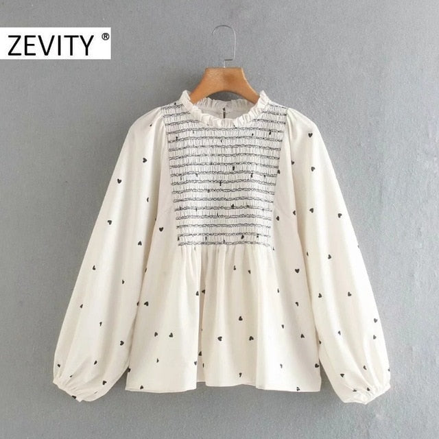 Zevity New Women Sweet Agaric Lace Hearts Print Elastic Smock Blouse Office Ladies Lantern Sleeve Shirts Chic Blusas Tops LS7272