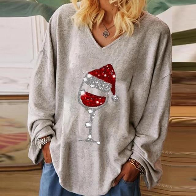 Women Casual Christmas Wine Glass Printed Blouses Autumn Loose V Neck Pullover Top Streetwear Long Sleeve Female Shirt Blusa 5XL