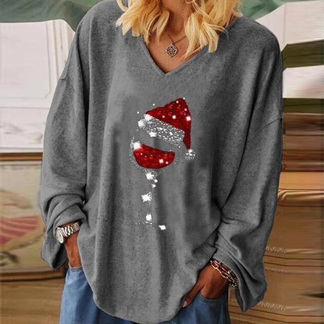 Women Casual Christmas Wine Glass Printed Blouses Autumn Loose V Neck Pullover Top Streetwear Long Sleeve Female Shirt Blusa 5XL