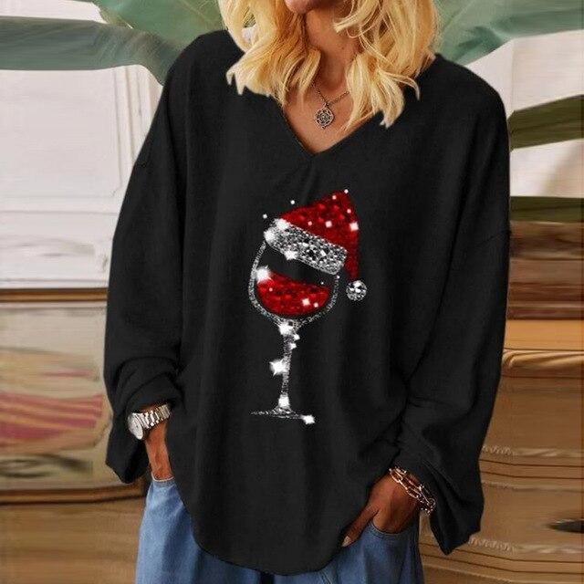 Women Casual Christmas Wine Glass Printed Blouses Autumn Loose V Neck Pullover Top Streetwear Long Sleeve Female Shirt Blusa 5XL