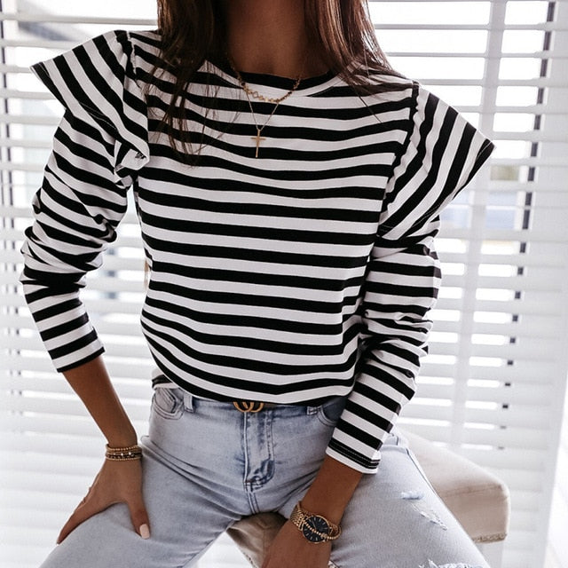 Women Blouse Shirt Striped Ruffle Long Sleeve Blouse Women Casual Feminine Autumn Fashion Woman Blouses 2020 O Neck Top Female