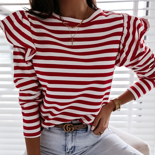 Women Blouse Shirt Striped Ruffle Long Sleeve Blouse Women Casual Feminine Autumn Fashion Woman Blouses 2020 O Neck Top Female