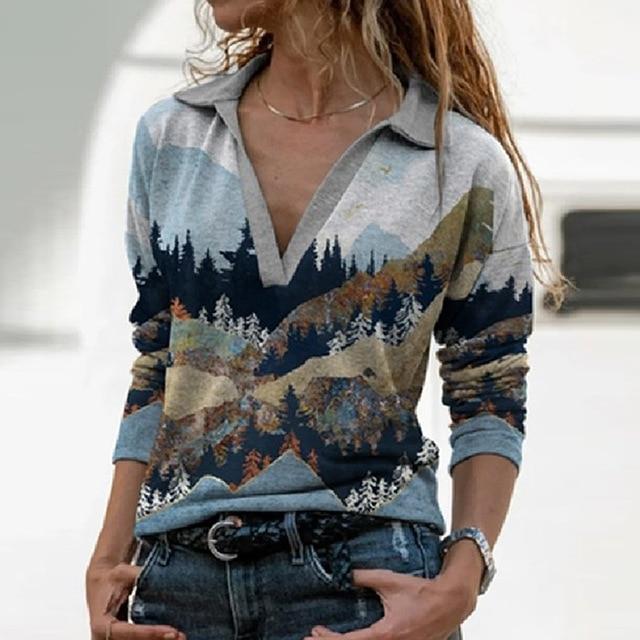 Women Landscape Pattern Print Blouse Shirt Elegant Autumn Turn-Down Collar Pullover Tops Casual Loose Plus Size Streetwear Blusa