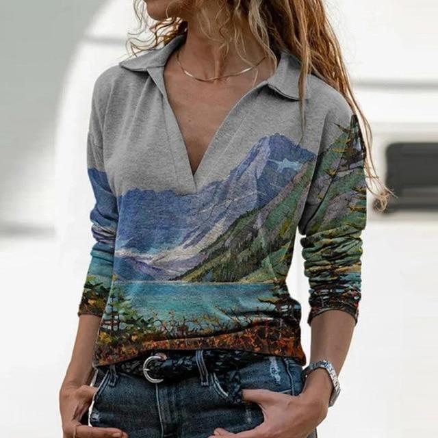 Women Landscape Pattern Print Blouse Shirt Elegant Autumn Turn-Down Collar Pullover Tops Casual Loose Plus Size Streetwear Blusa
