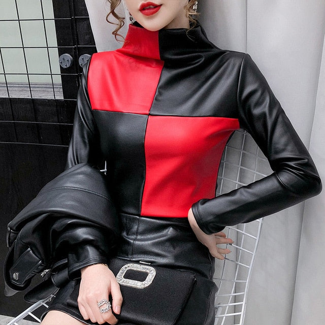 Womens fashion plus size turtleneck blouse patchwork plaid slim pullover shirt women warm velvet elastic leather PU ladies tops