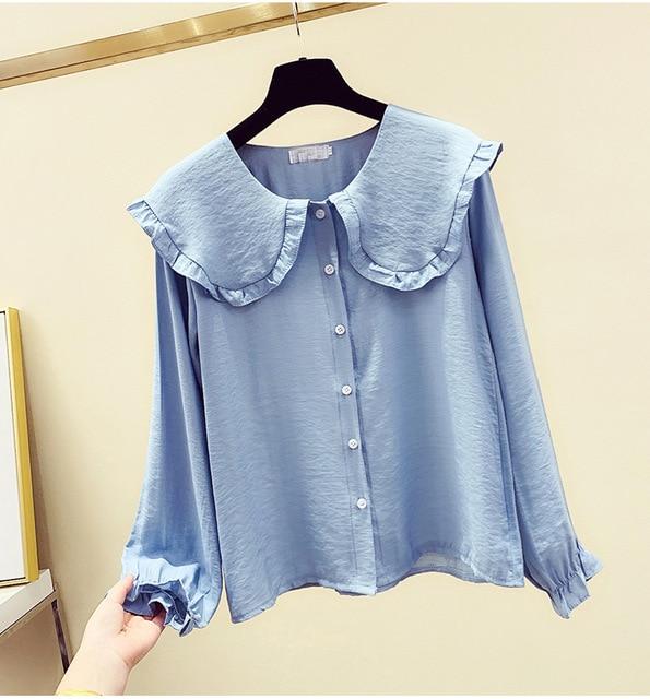 2020 Spring New Women's Fashion Peter Pan Collar Slim Shirt Long Sleeve Casual Style Cotton Blouse Female Tops T9D730O